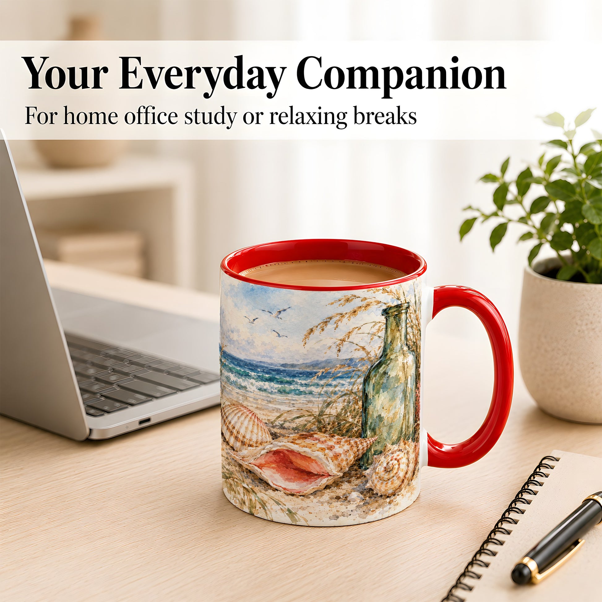 #pl[11oz|Red] Watercolor Coastal Seashell Coffee Mug, Beach Bottle Mug, Ceramic Cup