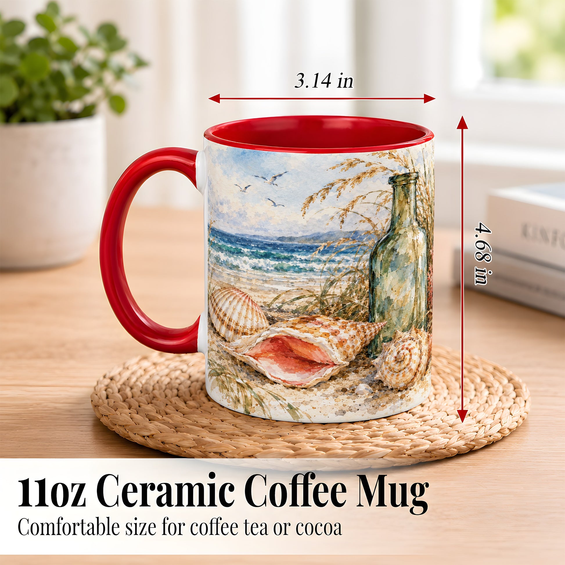 #pl[11oz|Red] Watercolor Coastal Seashell Coffee Mug, Beach Bottle Mug, Ceramic Cup