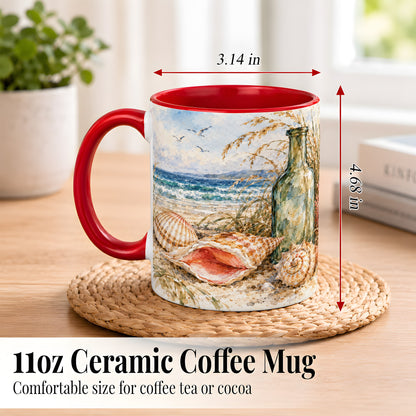 #pl[11oz|Red] Watercolor Coastal Seashell Coffee Mug, Beach Bottle Mug, Ceramic Cup