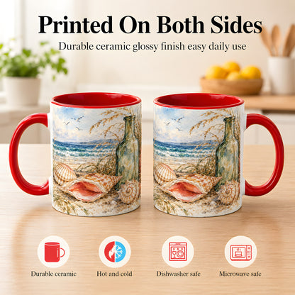 #pl[11oz|Red] Watercolor Coastal Seashell Coffee Mug, Beach Bottle Mug, Ceramic Cup