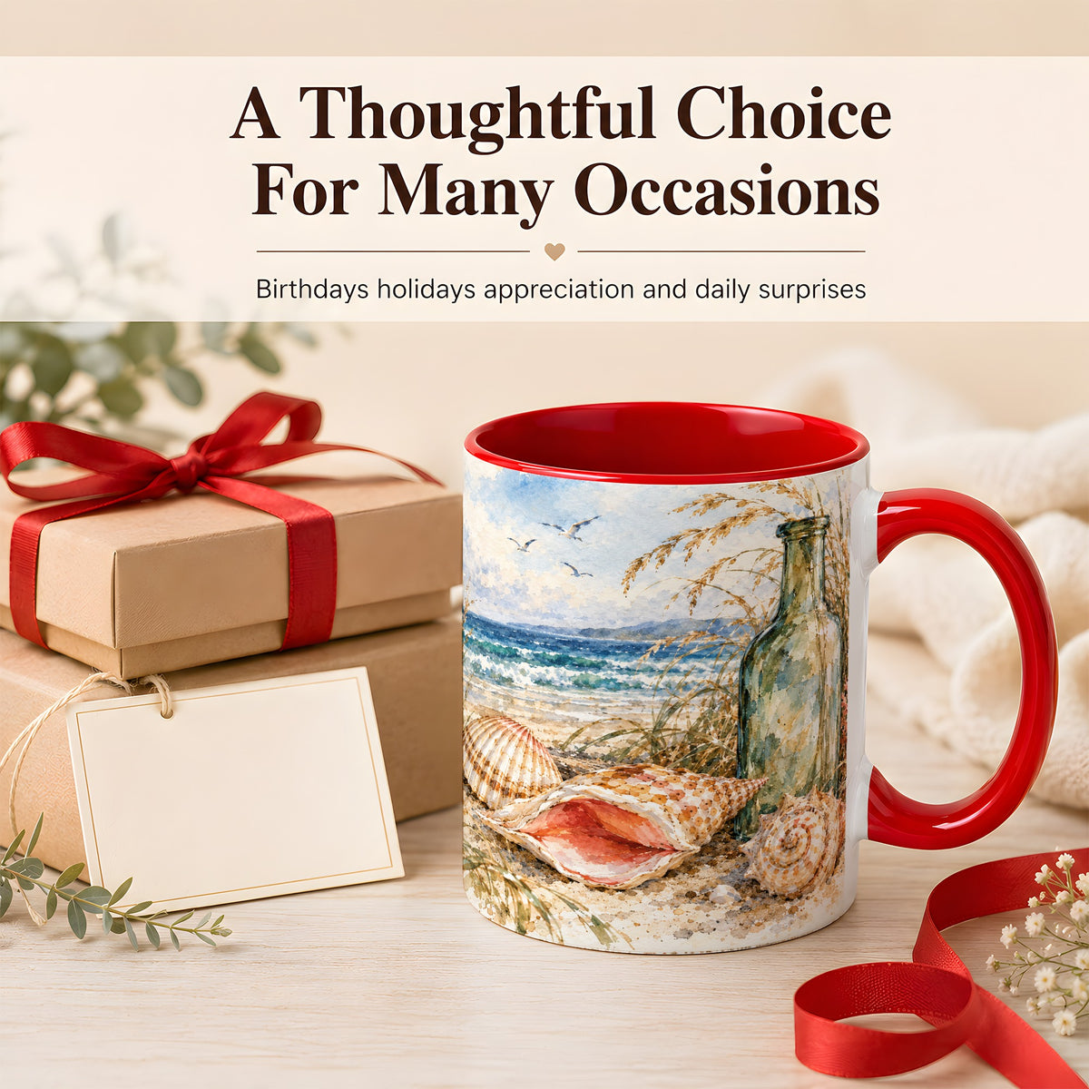 #pl[11oz|Red] Watercolor Coastal Seashell Coffee Mug, Beach Bottle Mug, Ceramic Cup