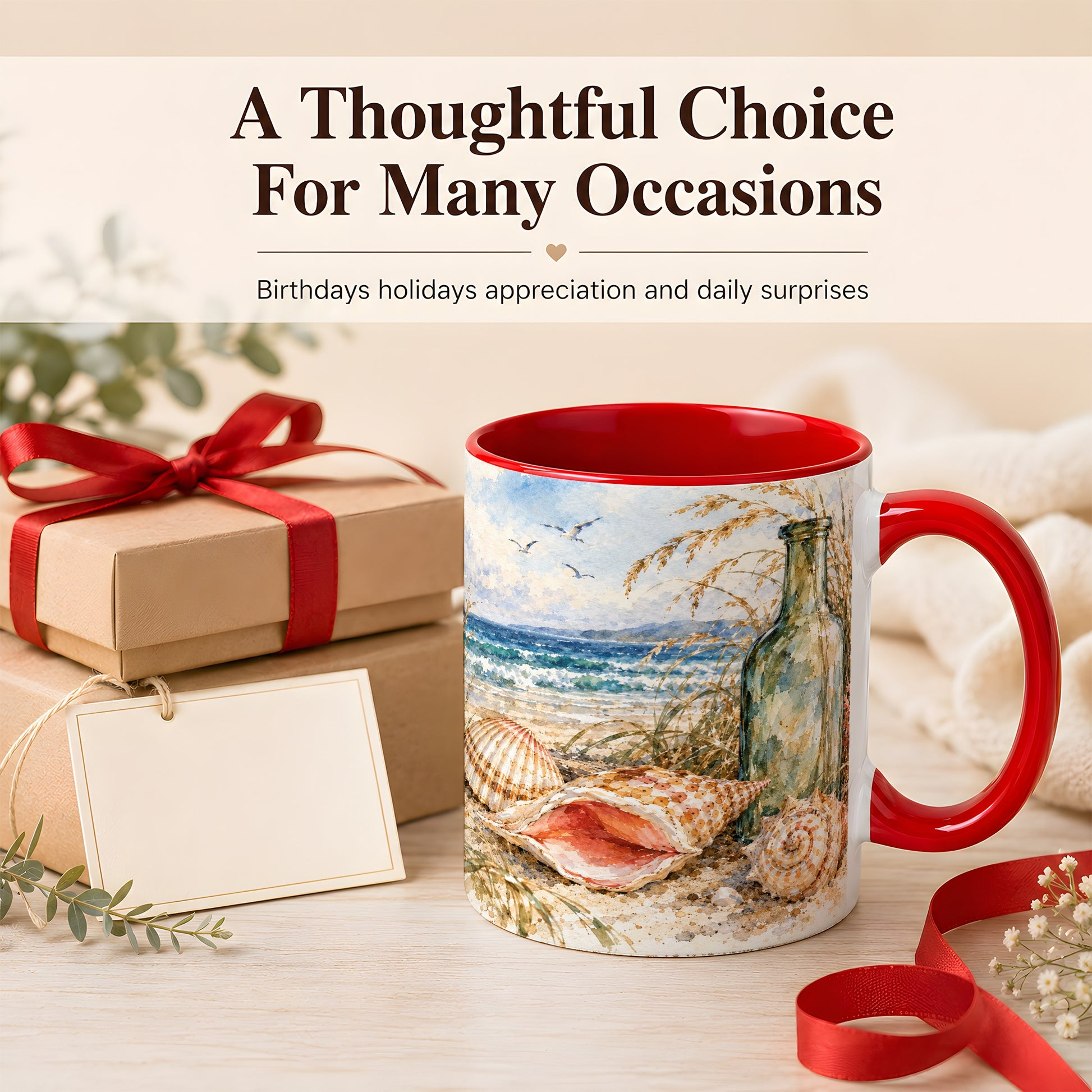 #pl[11oz|Red] Watercolor Coastal Seashell Coffee Mug, Beach Bottle Mug, Ceramic Cup