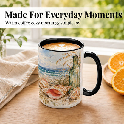 #pl[15oz|Black] Watercolor Coastal Seashell Coffee Mug, Beach Bottle Mug, Ceramic Cup