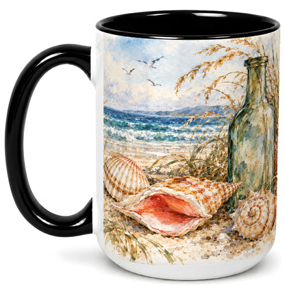 #pl[15oz|Black] Watercolor Coastal Seashell Coffee Mug, Beach Bottle Mug, Ceramic Cup