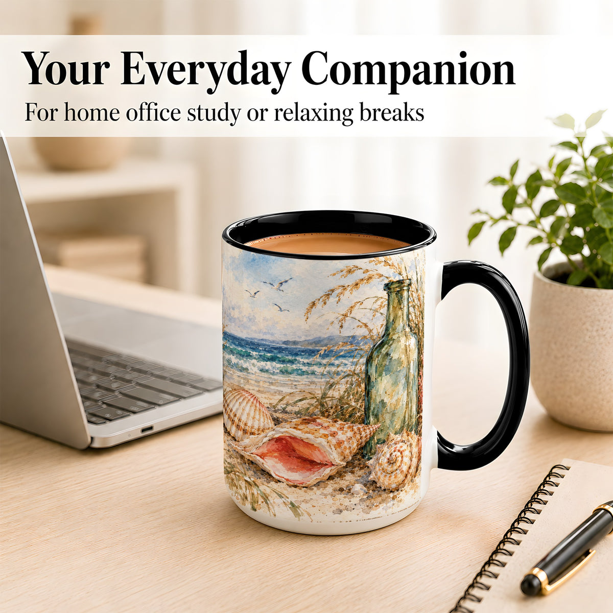 #pl[15oz|Black] Watercolor Coastal Seashell Coffee Mug, Beach Bottle Mug, Ceramic Cup