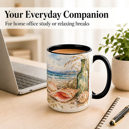 #pl[15oz|Black] Watercolor Coastal Seashell Coffee Mug, Beach Bottle Mug, Ceramic Cup