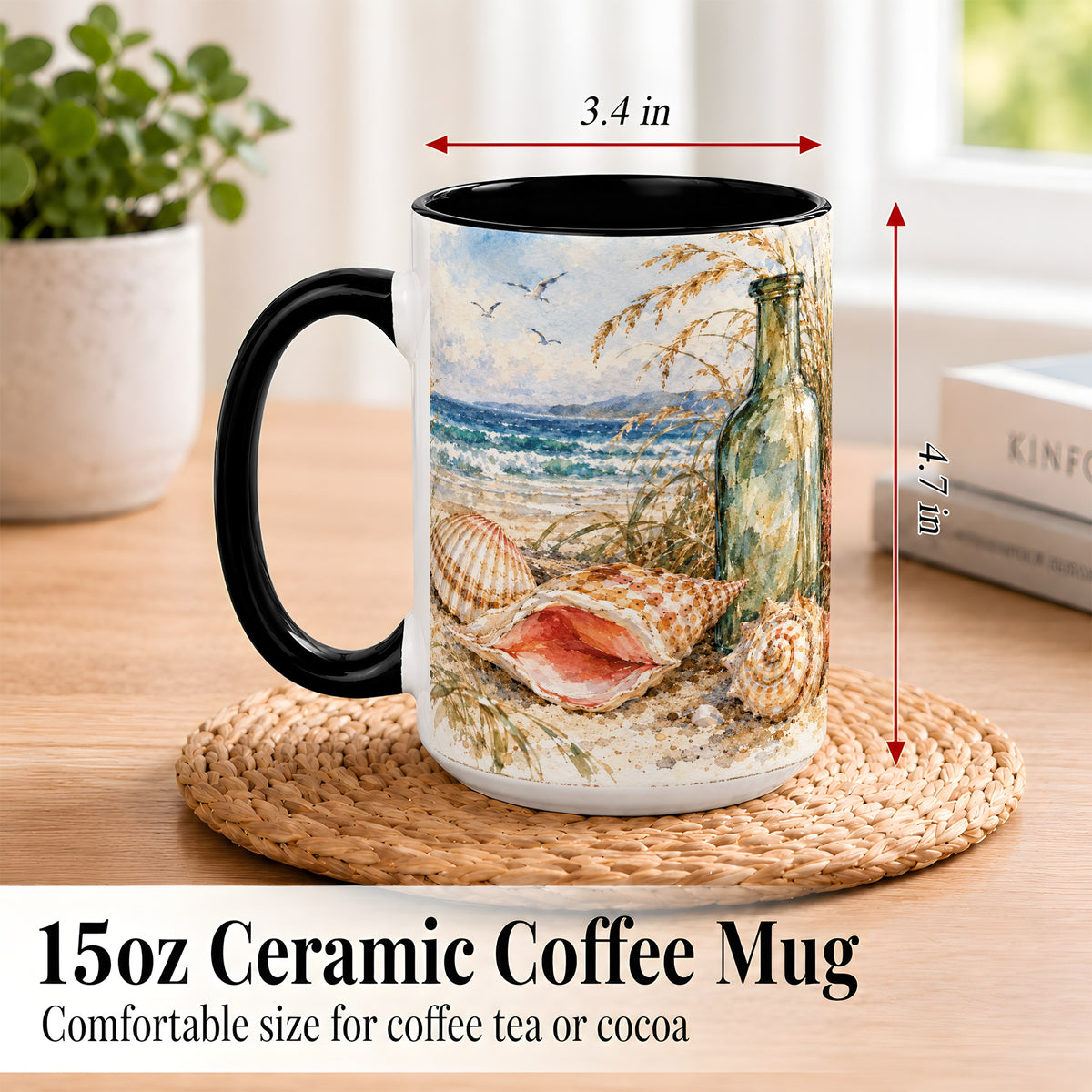 #pl[15oz|Black] Watercolor Coastal Seashell Coffee Mug, Beach Bottle Mug, Ceramic Cup