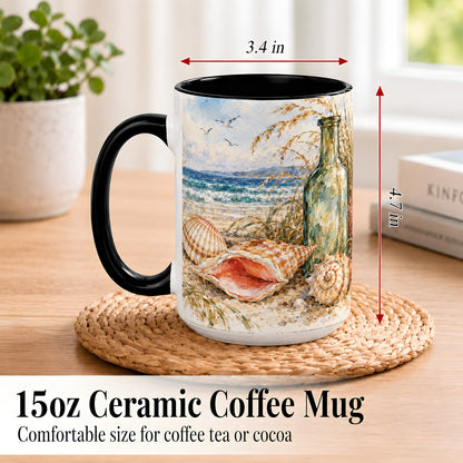 #pl[15oz|Black] Watercolor Coastal Seashell Coffee Mug, Beach Bottle Mug, Ceramic Cup