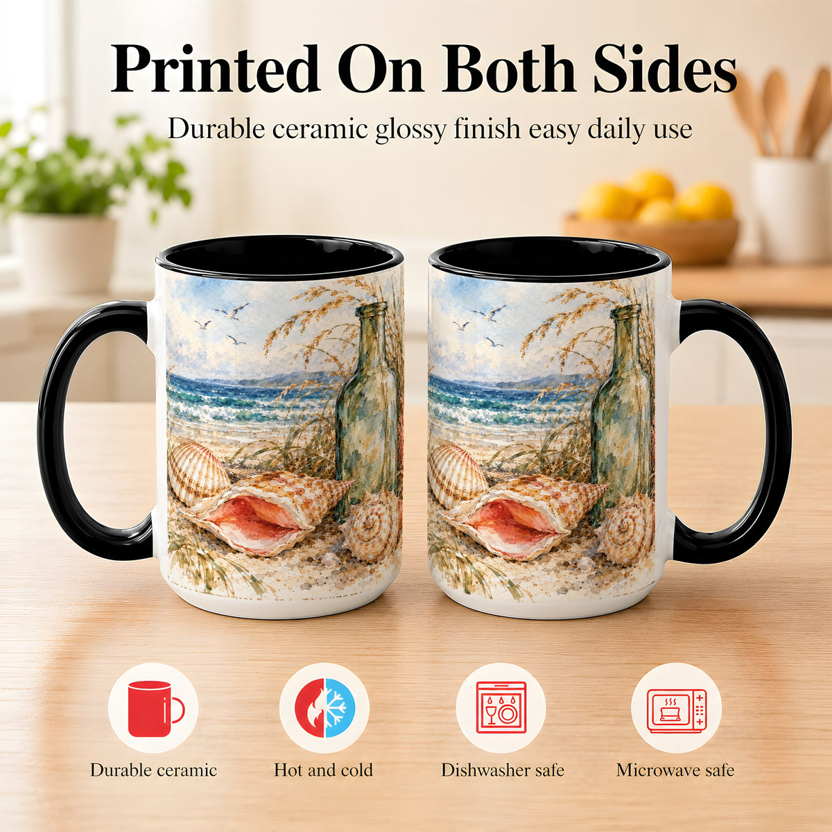 #pl[15oz|Black] Watercolor Coastal Seashell Coffee Mug, Beach Bottle Mug, Ceramic Cup