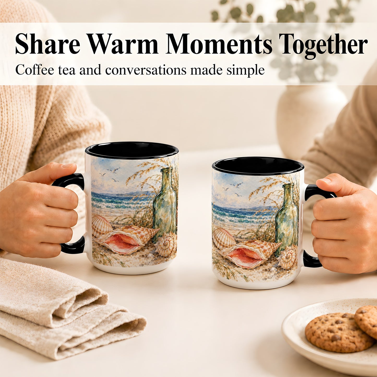#pl[15oz|Black] Watercolor Coastal Seashell Coffee Mug, Beach Bottle Mug, Ceramic Cup