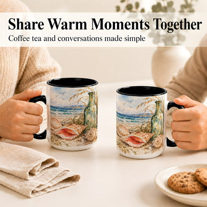 #pl[15oz|Black] Watercolor Coastal Seashell Coffee Mug, Beach Bottle Mug, Ceramic Cup
