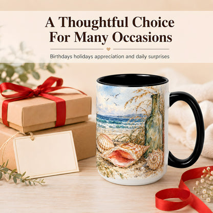 #pl[15oz|Black] Watercolor Coastal Seashell Coffee Mug, Beach Bottle Mug, Ceramic Cup