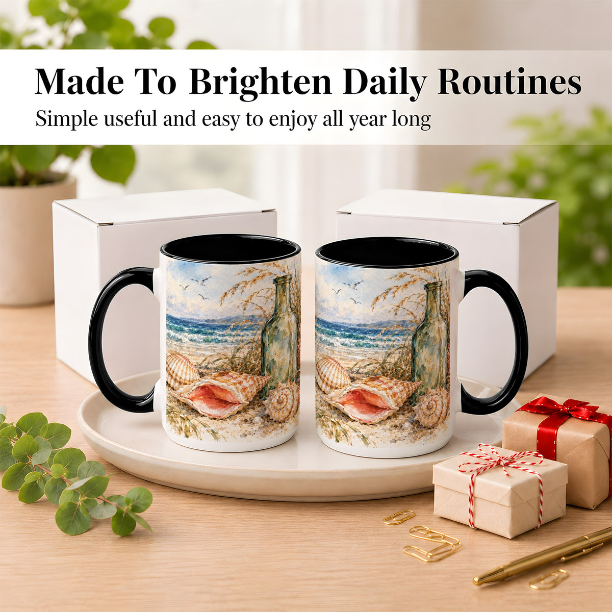 #pl[15oz|Black] Watercolor Coastal Seashell Coffee Mug, Beach Bottle Mug, Ceramic Cup