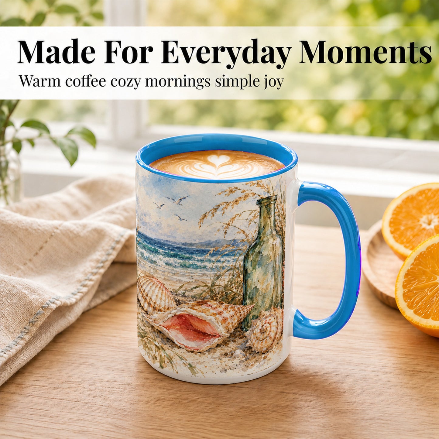 #pl[15oz|Blue] Watercolor Coastal Seashell Coffee Mug, Beach Bottle Mug, Ceramic Cup