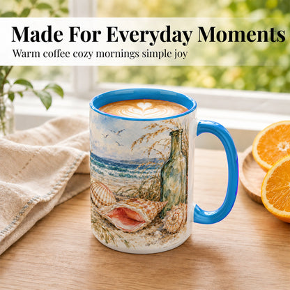 #pl[15oz|Blue] Watercolor Coastal Seashell Coffee Mug, Beach Bottle Mug, Ceramic Cup