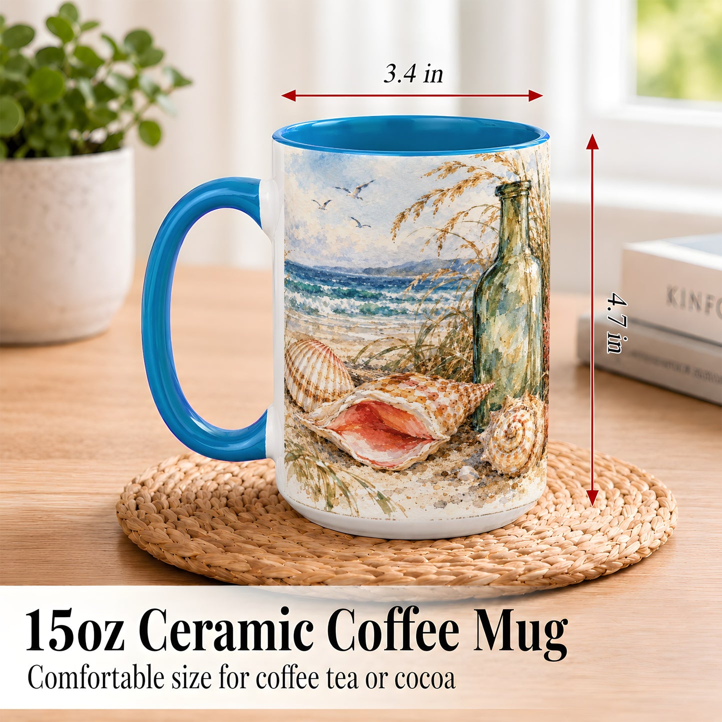 #pl[15oz|Blue] Watercolor Coastal Seashell Coffee Mug, Beach Bottle Mug, Ceramic Cup