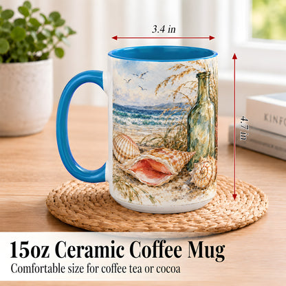 #pl[15oz|Blue] Watercolor Coastal Seashell Coffee Mug, Beach Bottle Mug, Ceramic Cup