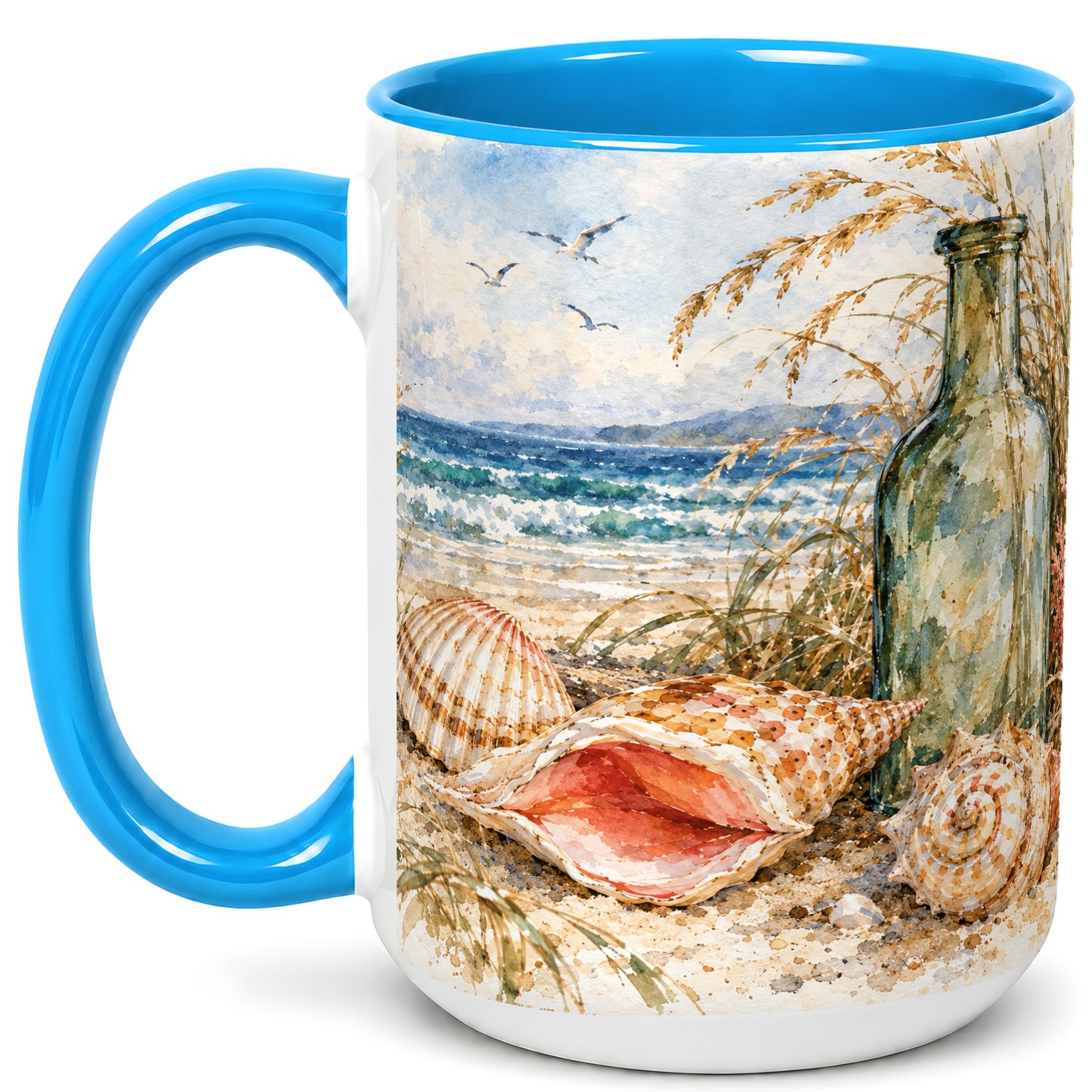 #pl[15oz|Blue] Watercolor Coastal Seashell Coffee Mug, Beach Bottle Mug, Ceramic Cup