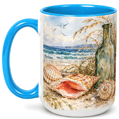 #pl[15oz|Blue] Watercolor Coastal Seashell Coffee Mug, Beach Bottle Mug, Ceramic Cup