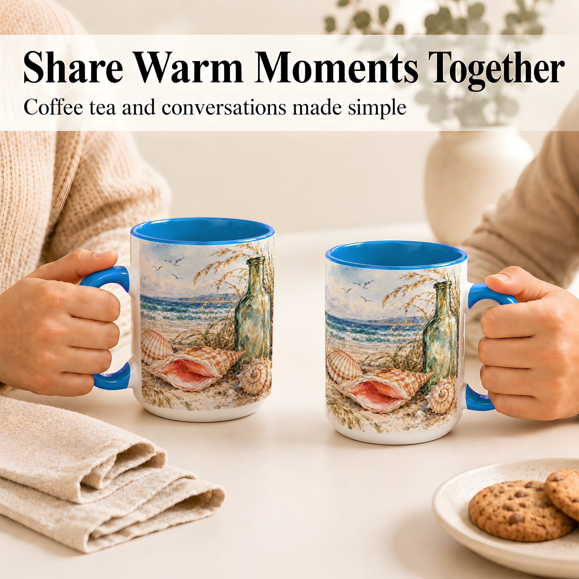 #pl[15oz|Blue] Watercolor Coastal Seashell Coffee Mug, Beach Bottle Mug, Ceramic Cup