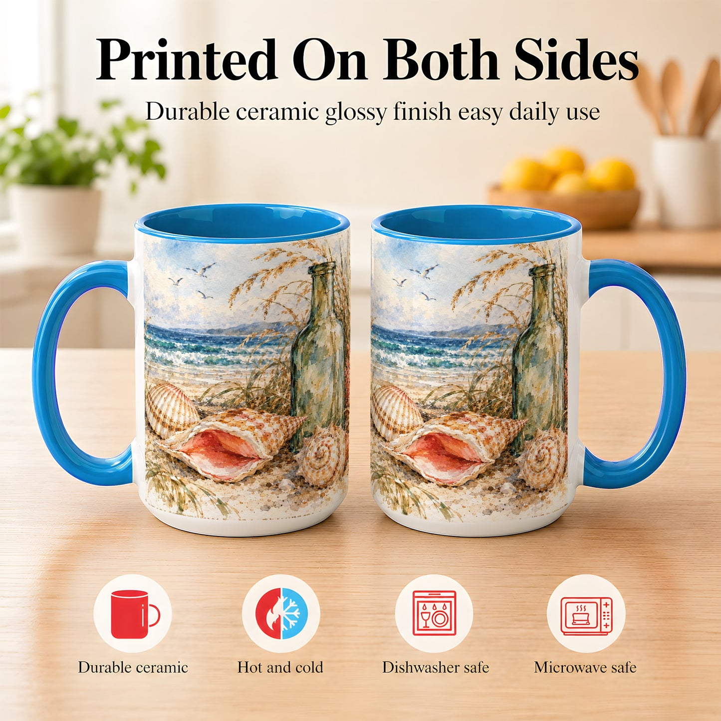 #pl[15oz|Blue] Watercolor Coastal Seashell Coffee Mug, Beach Bottle Mug, Ceramic Cup
