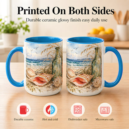 #pl[15oz|Blue] Watercolor Coastal Seashell Coffee Mug, Beach Bottle Mug, Ceramic Cup