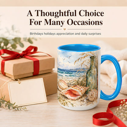 #pl[15oz|Blue] Watercolor Coastal Seashell Coffee Mug, Beach Bottle Mug, Ceramic Cup