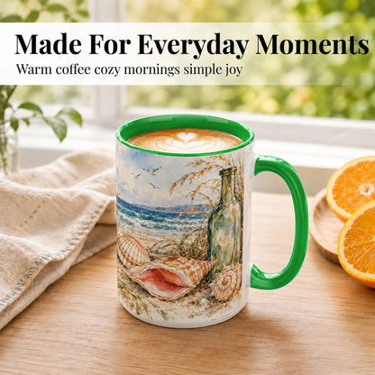 #pl[15oz|Green] Watercolor Coastal Seashell Coffee Mug, Beach Bottle Mug, Ceramic Cup