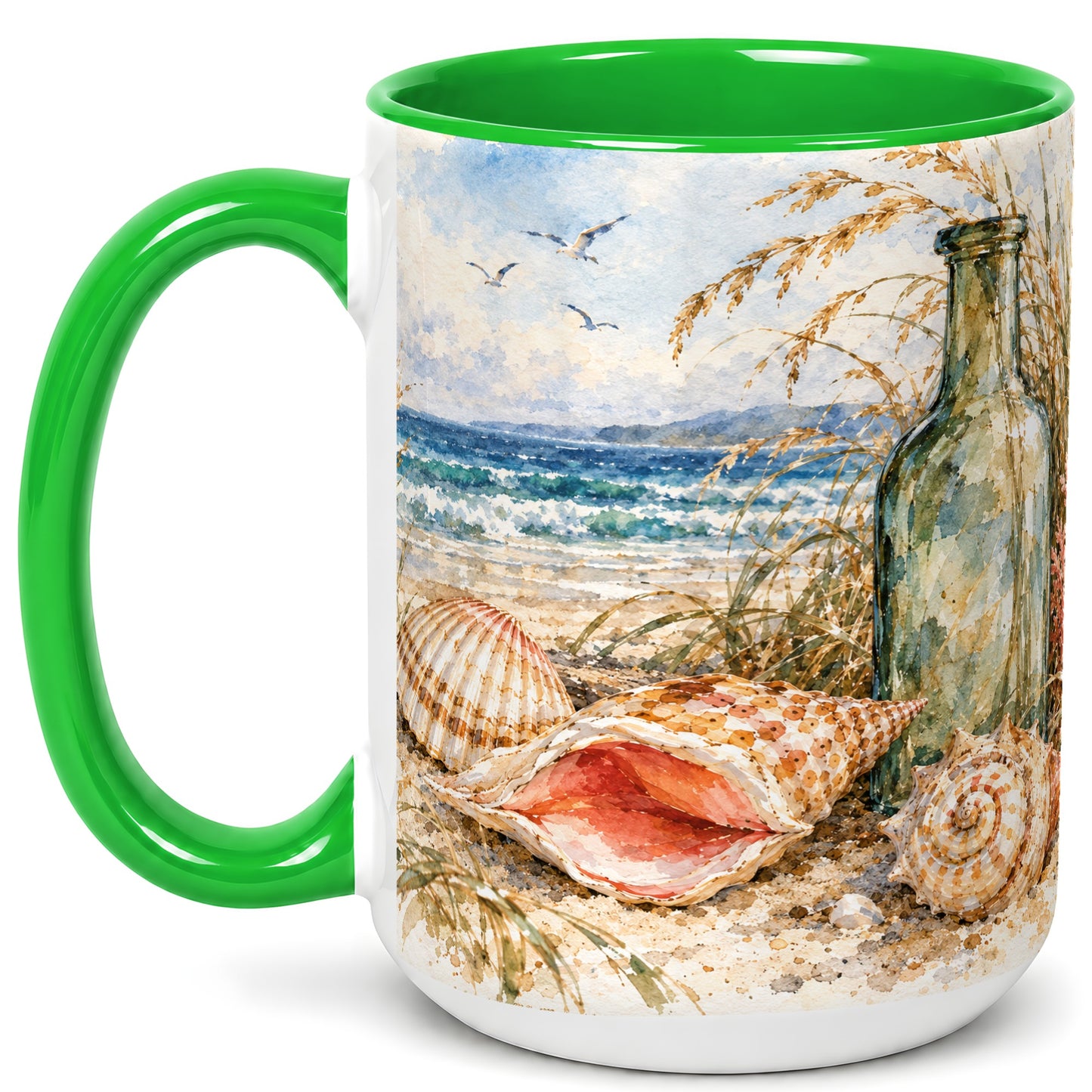 #pl[15oz|Green] Watercolor Coastal Seashell Coffee Mug, Beach Bottle Mug, Ceramic Cup