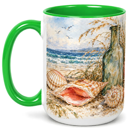 #pl[15oz|Green] Watercolor Coastal Seashell Coffee Mug, Beach Bottle Mug, Ceramic Cup