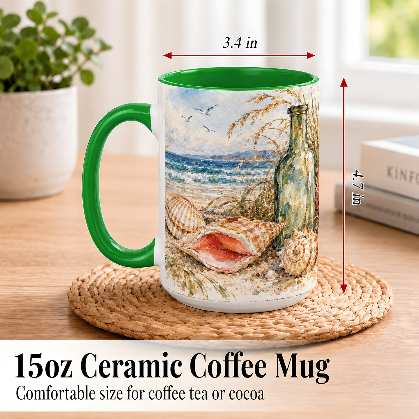 #pl[15oz|Green] Watercolor Coastal Seashell Coffee Mug, Beach Bottle Mug, Ceramic Cup