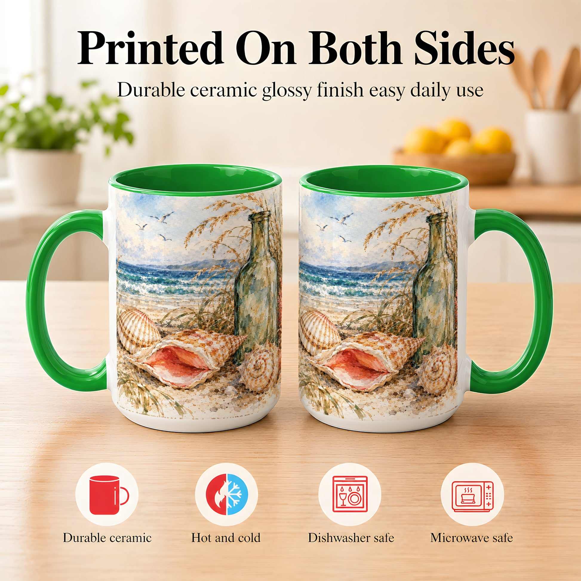 #pl[15oz|Green] Watercolor Coastal Seashell Coffee Mug, Beach Bottle Mug, Ceramic Cup