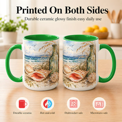 #pl[15oz|Green] Watercolor Coastal Seashell Coffee Mug, Beach Bottle Mug, Ceramic Cup