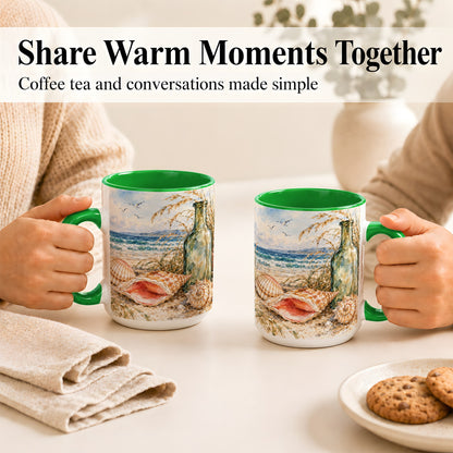 #pl[15oz|Green] Watercolor Coastal Seashell Coffee Mug, Beach Bottle Mug, Ceramic Cup