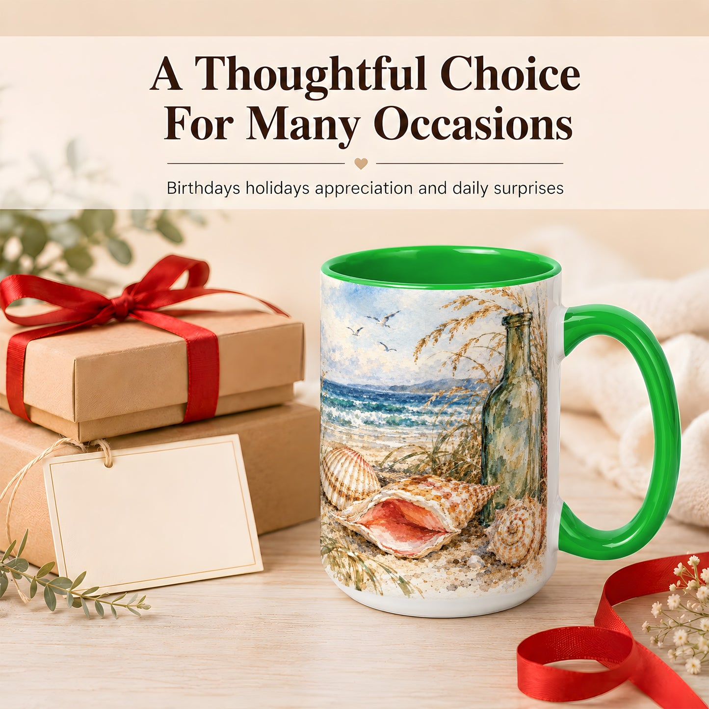 #pl[15oz|Green] Watercolor Coastal Seashell Coffee Mug, Beach Bottle Mug, Ceramic Cup