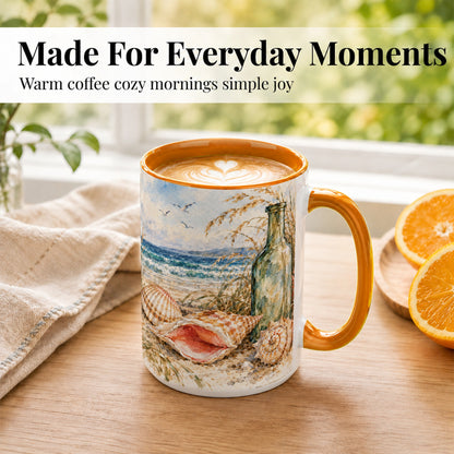 #pl[15oz|Orange] Watercolor Coastal Seashell Coffee Mug, Beach Bottle Mug, Ceramic Cup