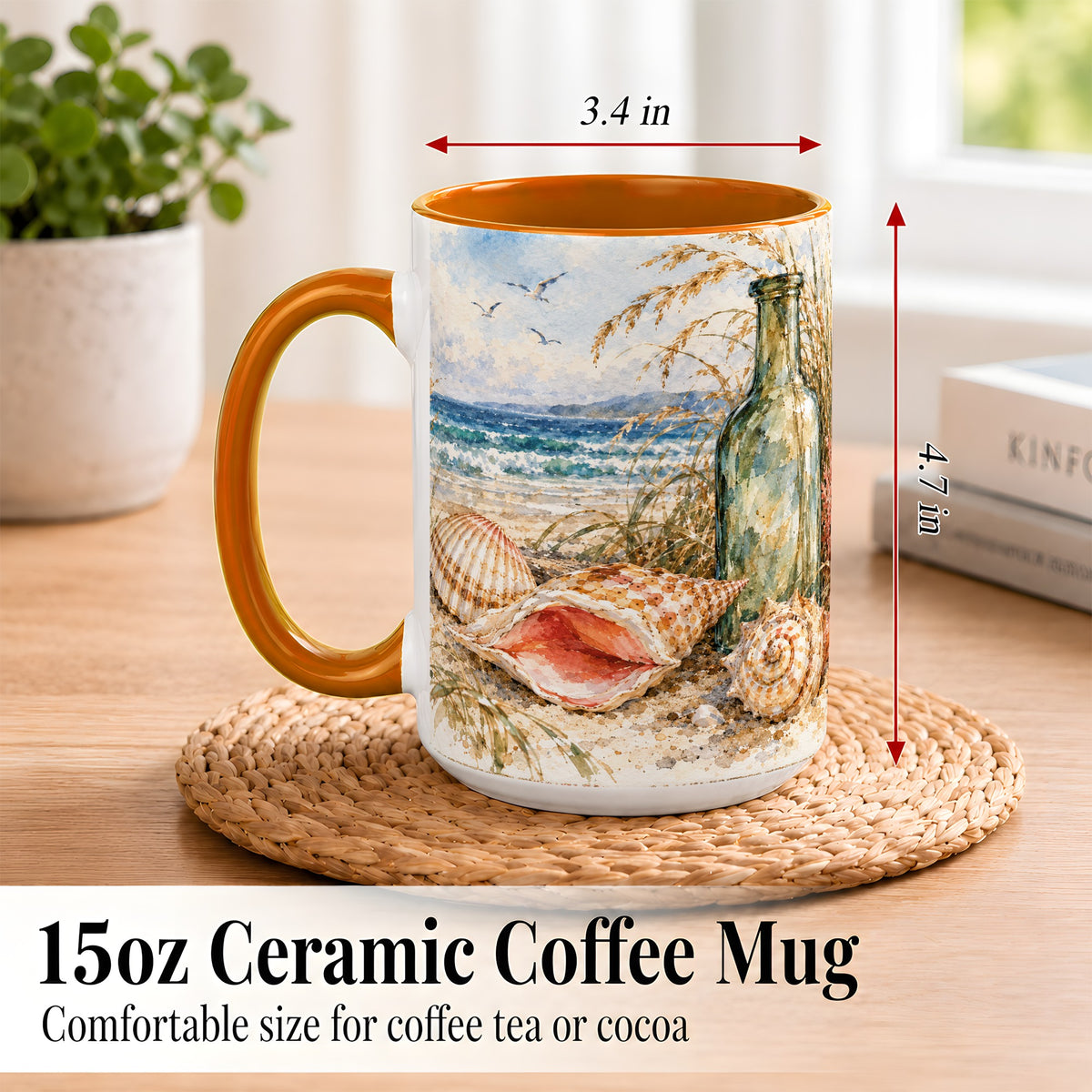 #pl[15oz|Orange] Watercolor Coastal Seashell Coffee Mug, Beach Bottle Mug, Ceramic Cup