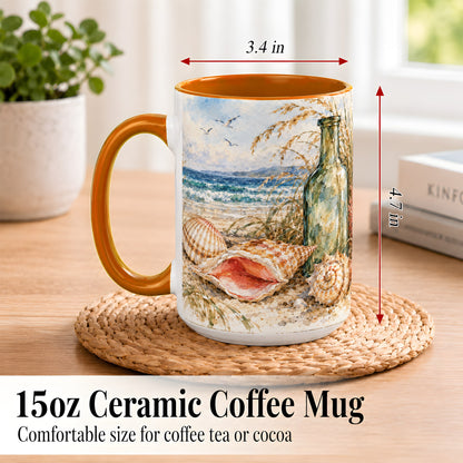 #pl[15oz|Orange] Watercolor Coastal Seashell Coffee Mug, Beach Bottle Mug, Ceramic Cup