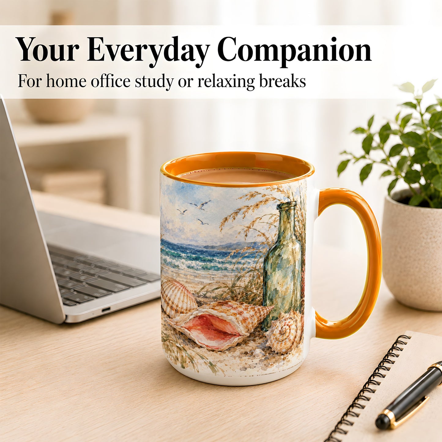 #pl[15oz|Orange] Watercolor Coastal Seashell Coffee Mug, Beach Bottle Mug, Ceramic Cup