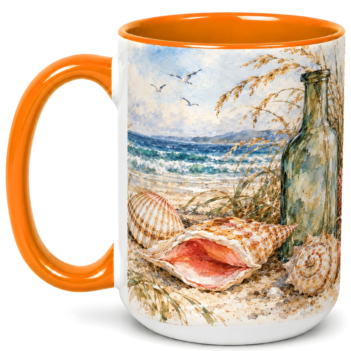 #pl[15oz|Orange] Watercolor Coastal Seashell Coffee Mug, Beach Bottle Mug, Ceramic Cup