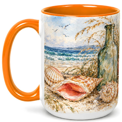 #pl[15oz|Orange] Watercolor Coastal Seashell Coffee Mug, Beach Bottle Mug, Ceramic Cup