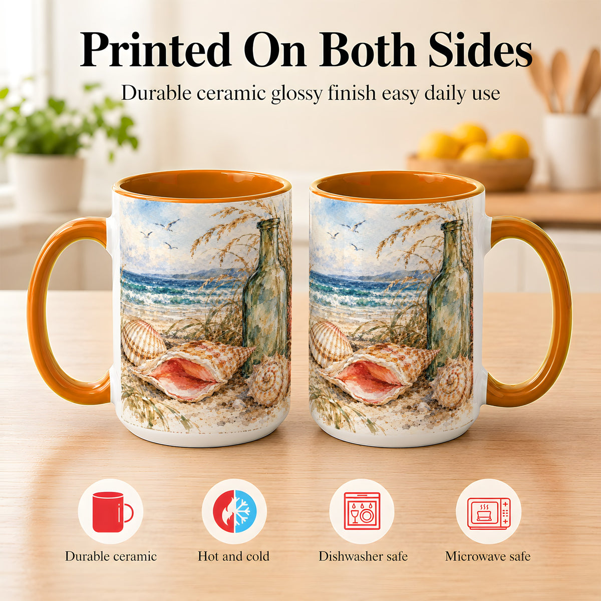 #pl[15oz|Orange] Watercolor Coastal Seashell Coffee Mug, Beach Bottle Mug, Ceramic Cup