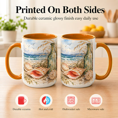 #pl[15oz|Orange] Watercolor Coastal Seashell Coffee Mug, Beach Bottle Mug, Ceramic Cup