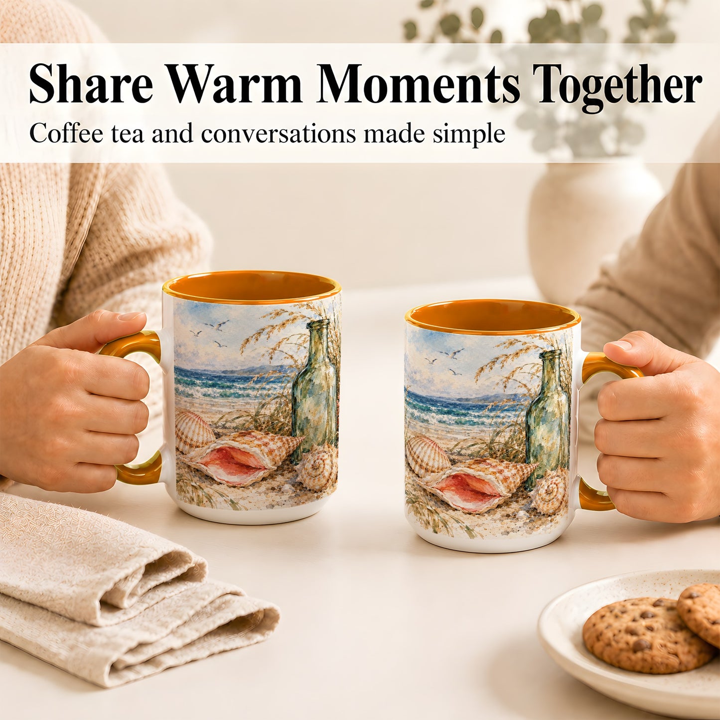 #pl[15oz|Orange] Watercolor Coastal Seashell Coffee Mug, Beach Bottle Mug, Ceramic Cup
