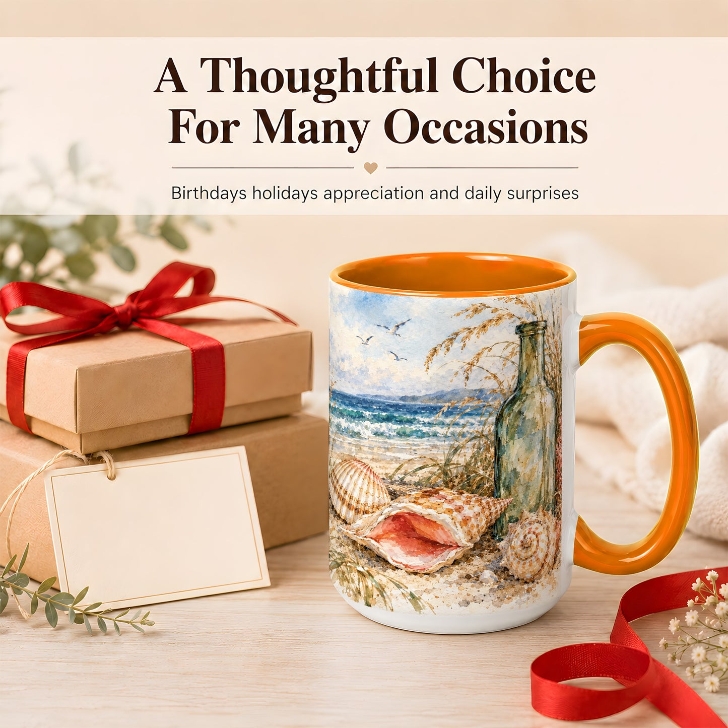 #pl[15oz|Orange] Watercolor Coastal Seashell Coffee Mug, Beach Bottle Mug, Ceramic Cup