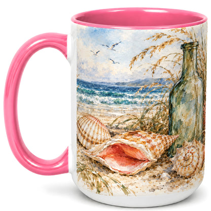 #pl[15oz|Pink] Watercolor Coastal Seashell Coffee Mug, Beach Bottle Mug, Ceramic Cup