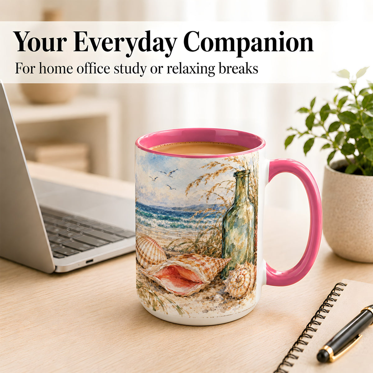 #pl[15oz|Pink] Watercolor Coastal Seashell Coffee Mug, Beach Bottle Mug, Ceramic Cup