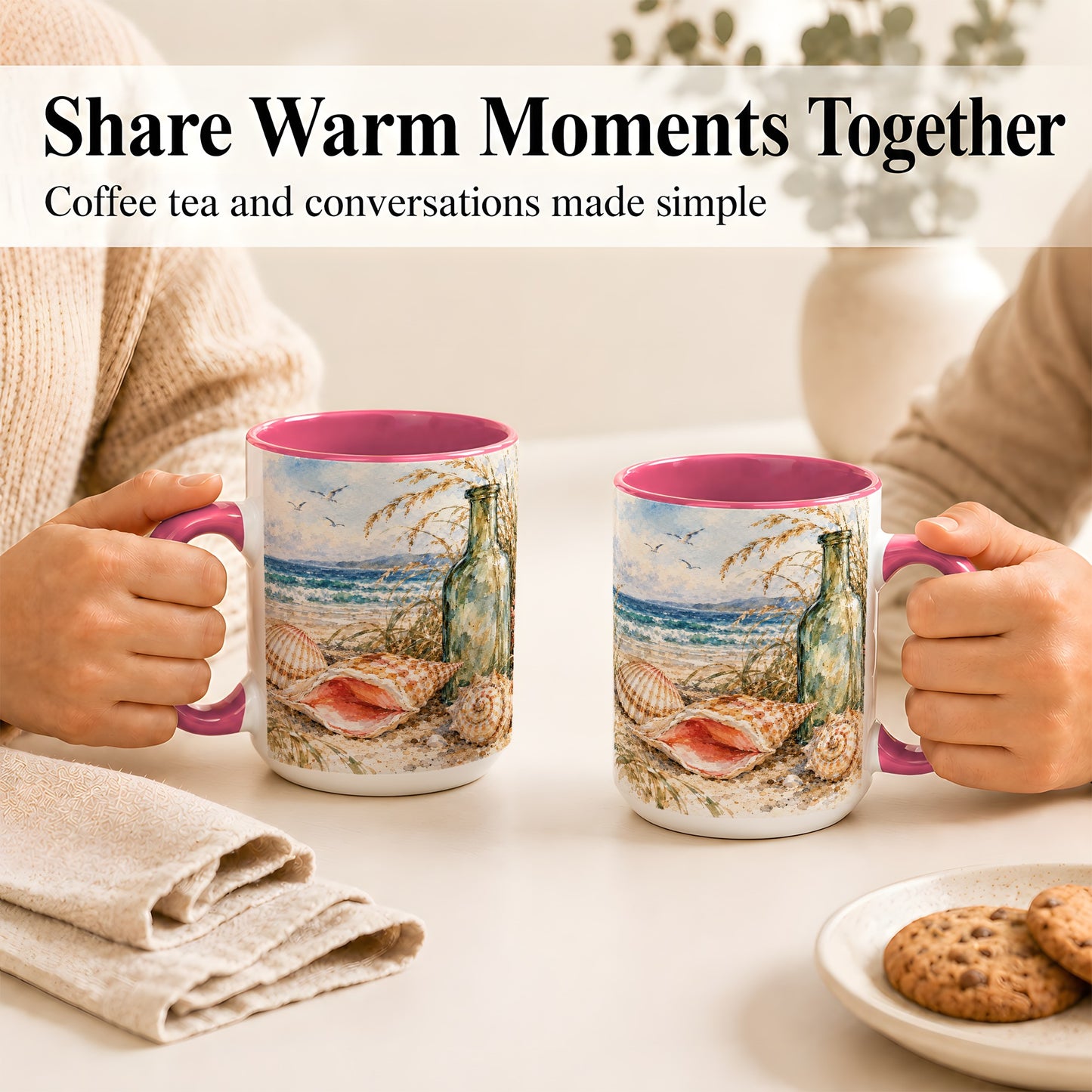 #pl[15oz|Pink] Watercolor Coastal Seashell Coffee Mug, Beach Bottle Mug, Ceramic Cup