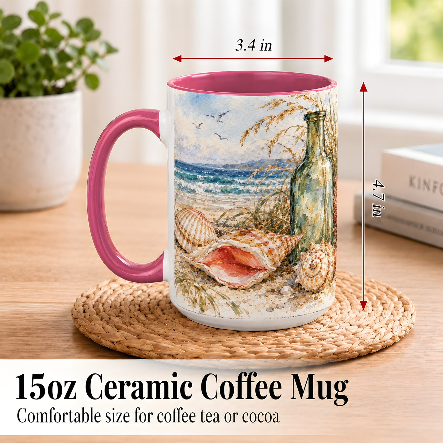 #pl[15oz|Pink] Watercolor Coastal Seashell Coffee Mug, Beach Bottle Mug, Ceramic Cup