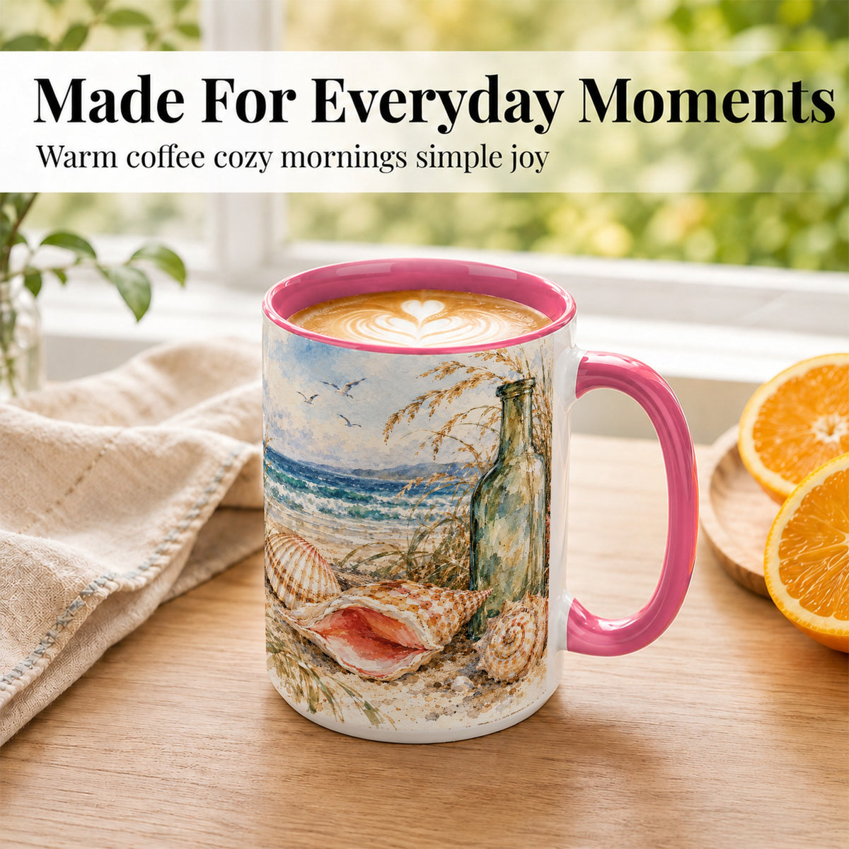 #pl[15oz|Pink] Watercolor Coastal Seashell Coffee Mug, Beach Bottle Mug, Ceramic Cup